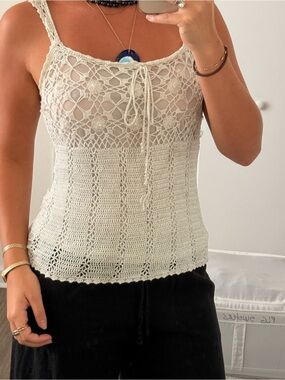 Hand-Crocheted Cream Tank Top with Tie Front